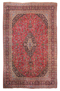 Hand knotted vintage Mashad Persian rug 288x374 cm with large central floral medallion on red field
