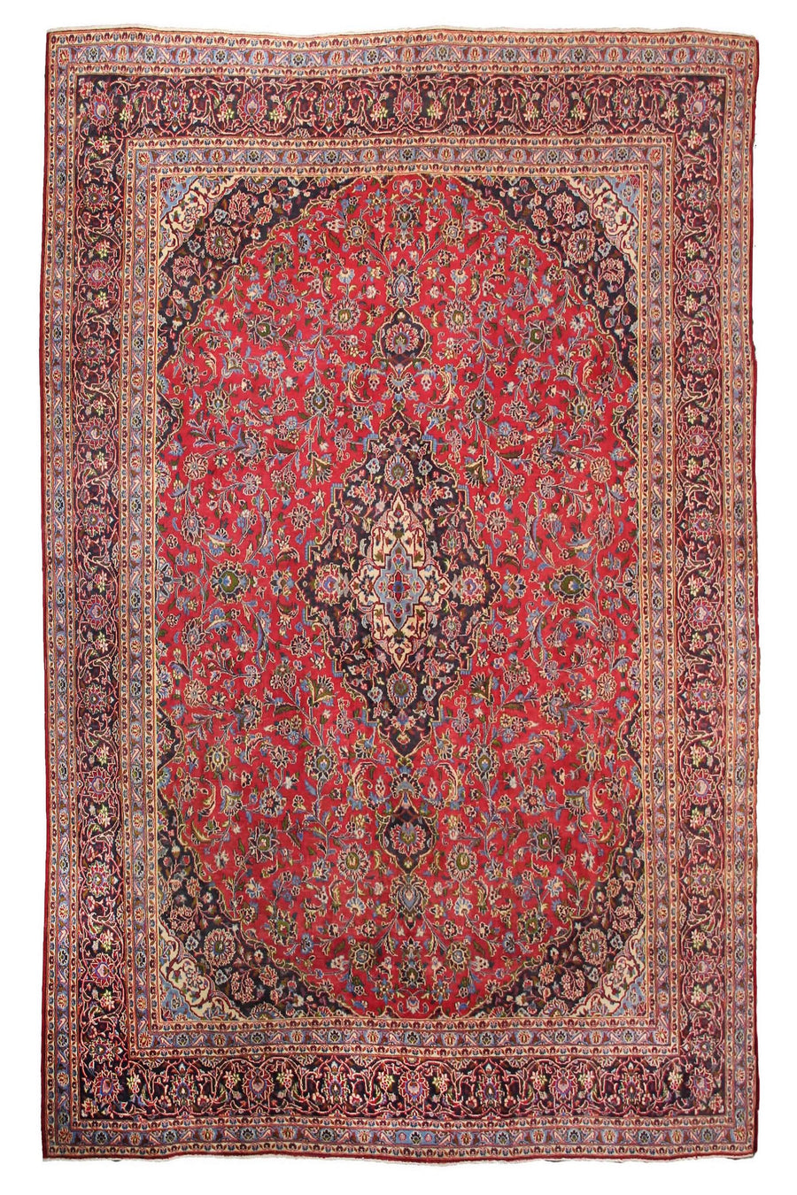Hand knotted vintage Mashad Persian rug 288x374 cm with large central floral medallion on red field

