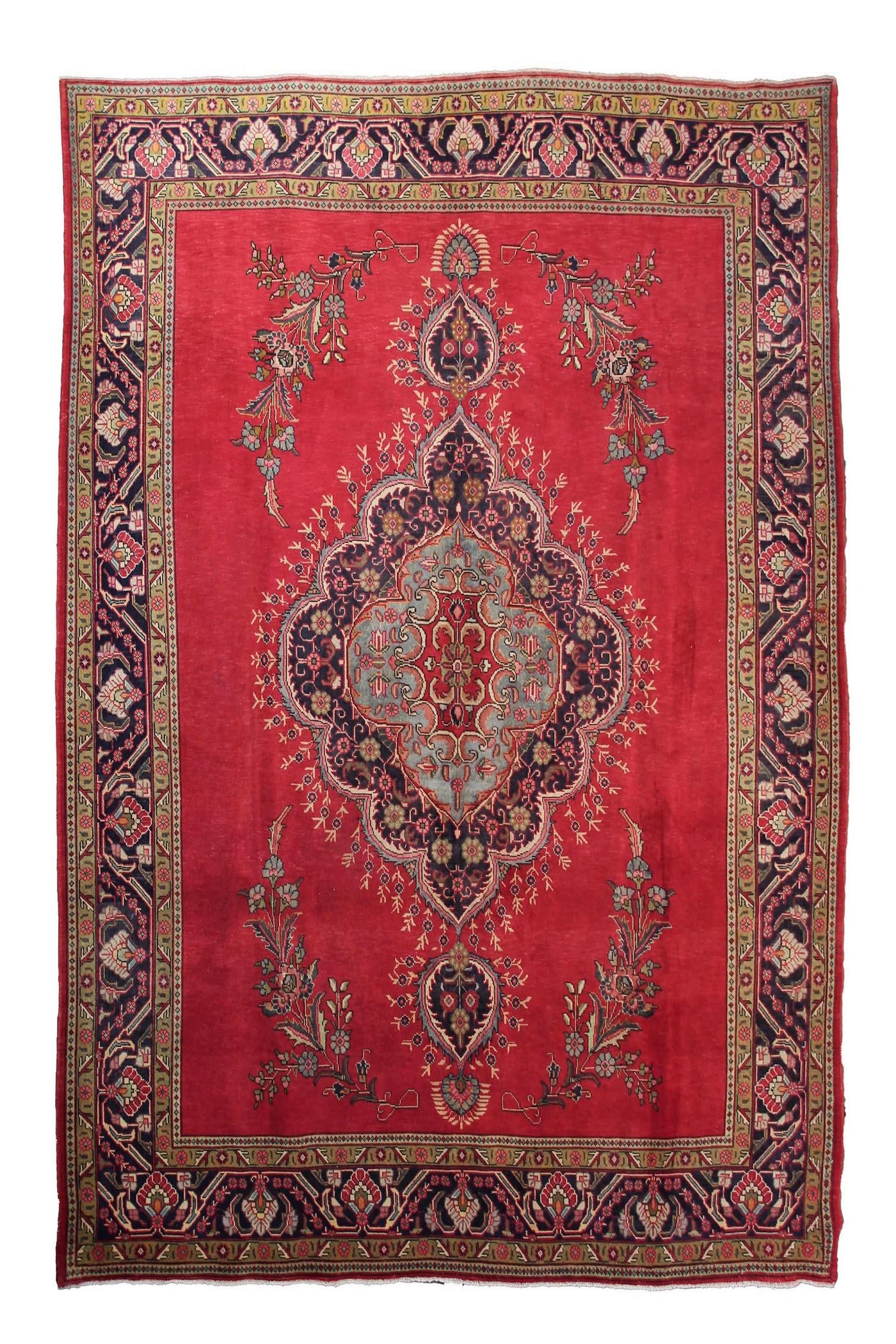 Hand knotted vintage Tabriz Persian rug 304x380 cm with elegant central medallion on coral red field
