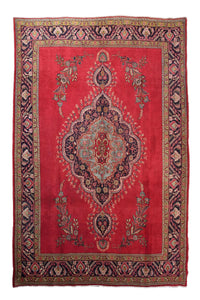 Hand knotted vintage Tabriz Persian rug 304x380 cm with elegant central medallion on coral red field
