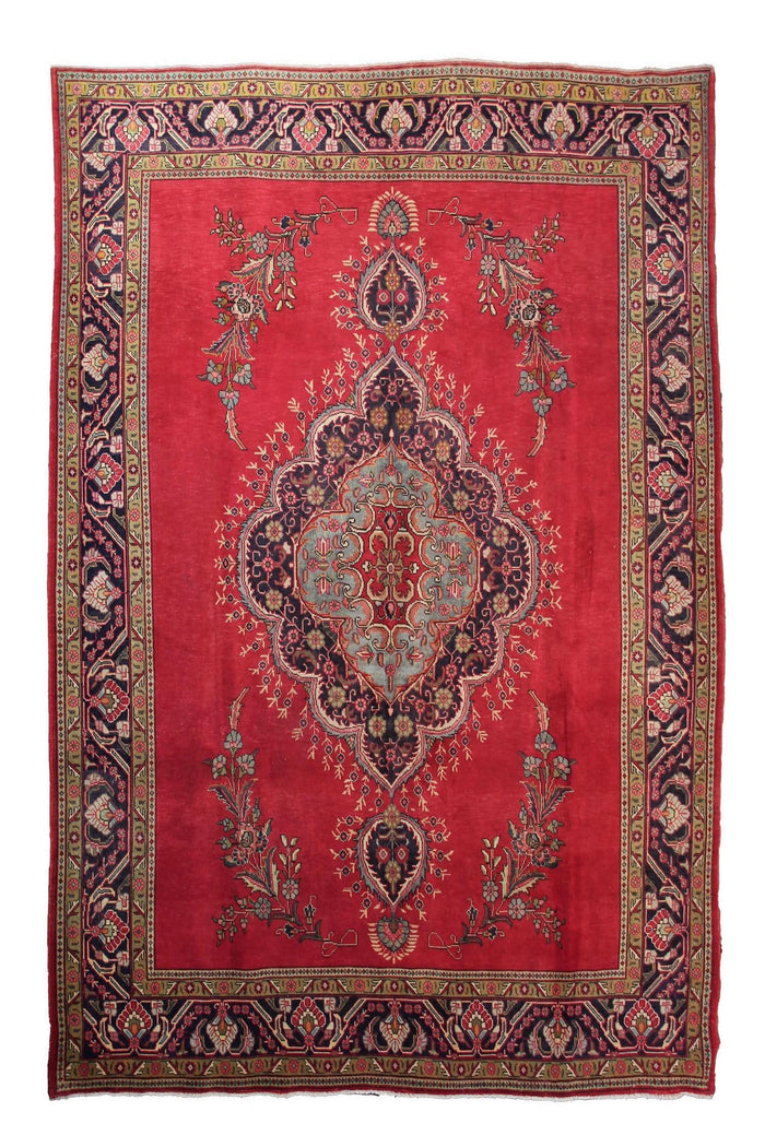 Hand knotted vintage Tabriz Persian rug 304x380 cm with elegant central medallion on coral red field
