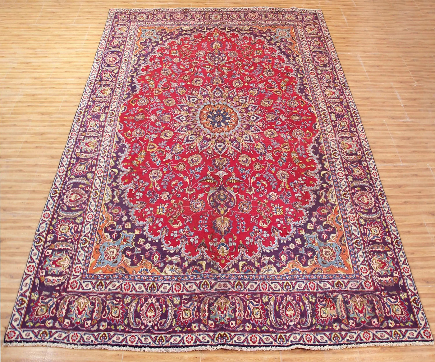 Large vintage Mashad Persian rug 285x376 cm full view showing intricate floral design and wide ornate borders
