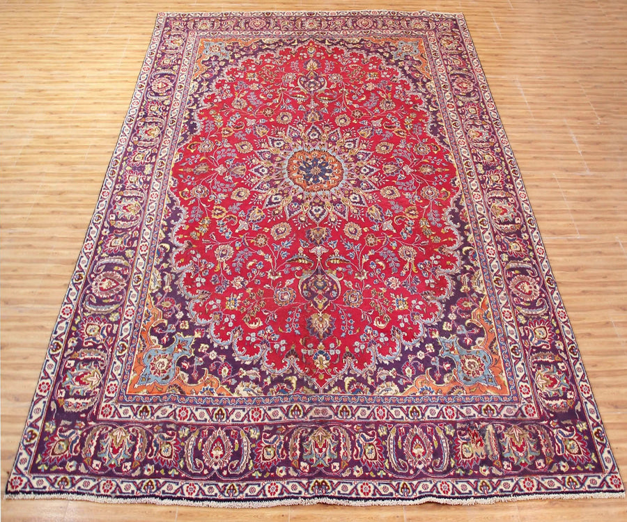 Large vintage Mashad Persian rug 285x376 cm full view showing intricate floral design and wide ornate borders
