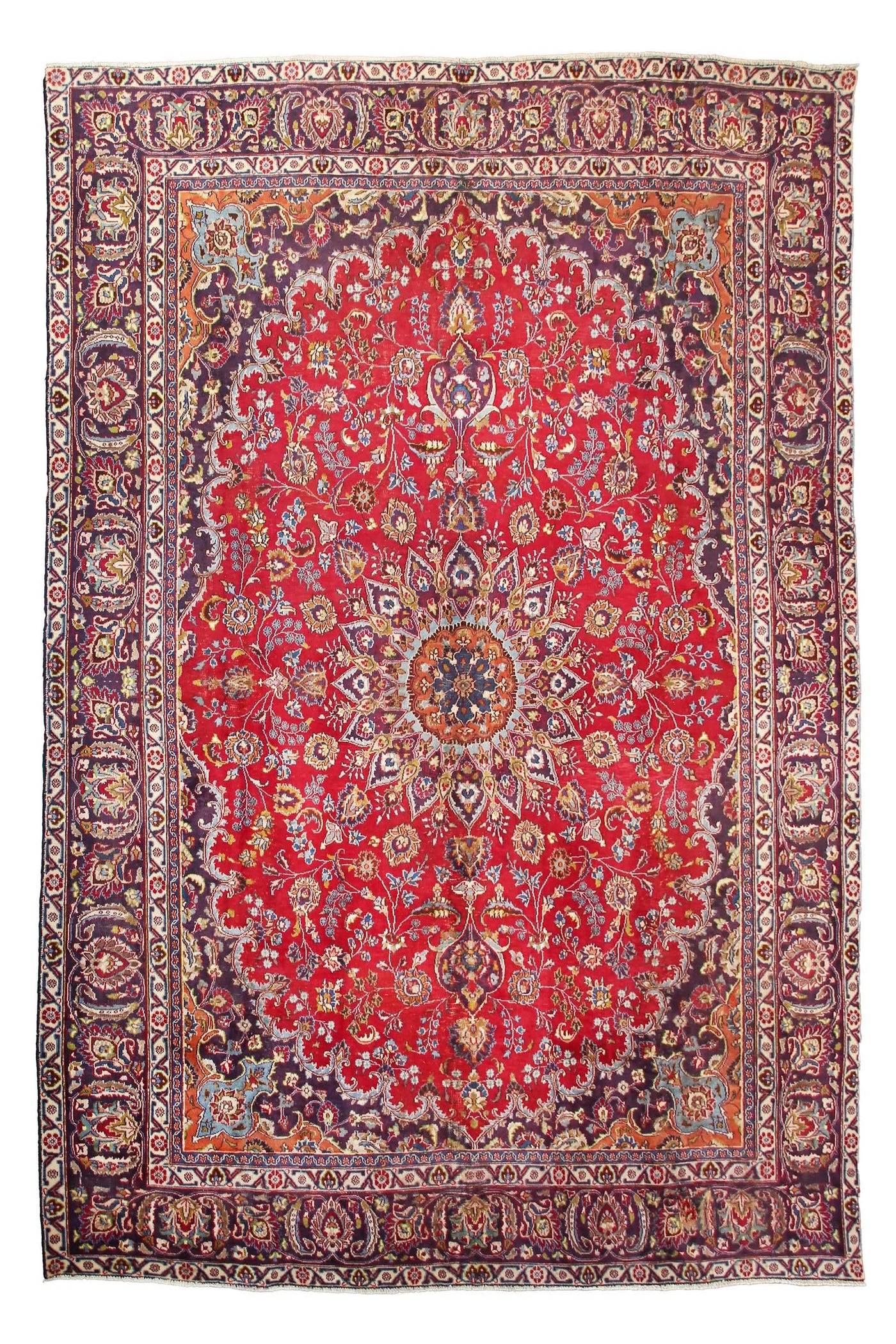 Hand knotted vintage Mashad Persian rug 285x376 cm with grand circular floral medallion on rich red field
