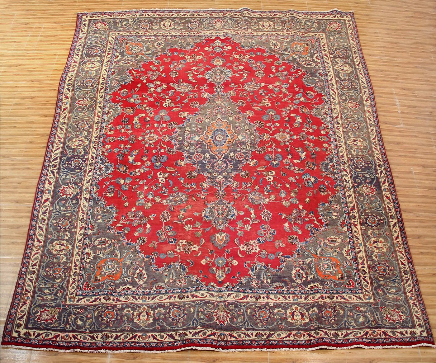 Large vintage Mashad Persian rug 297x390 cm full view showing intricate floral pattern and decorative borders
