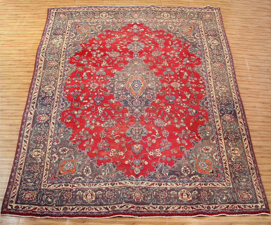 Large vintage Mashad Persian rug 297x390 cm full view showing intricate floral pattern and decorative borders
