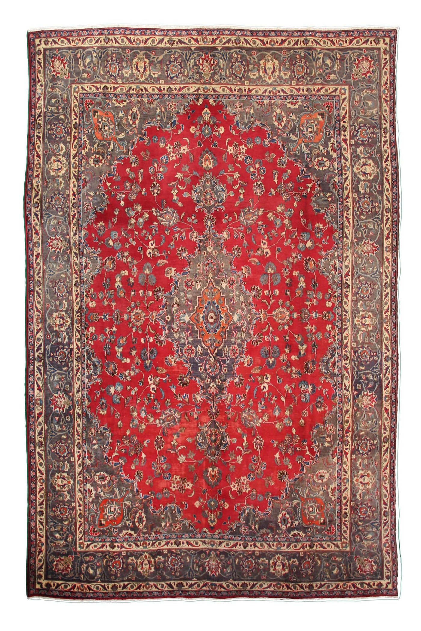 Hand knotted vintage Mashad Persian rug 297x390 cm with large central floral medallion on rich red field
