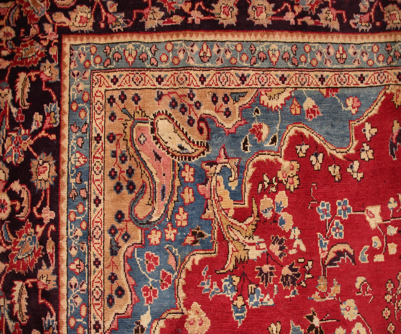 Ornate border detail of hand knotted Sabzevar Persian rug with layered floral guard stripes
