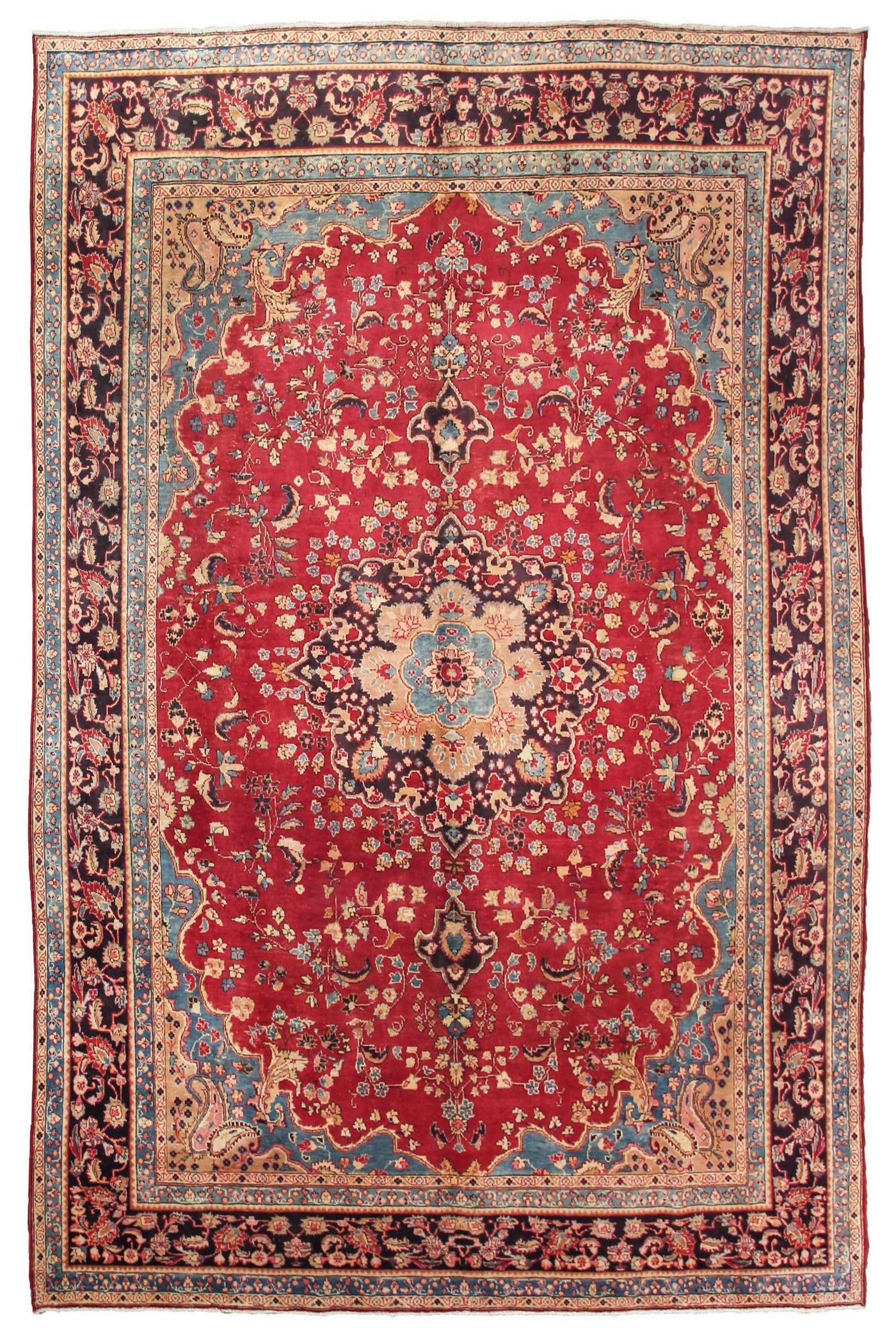 Hand knotted antique Sabzevar Persian rug 295x393 cm with large floral medallion on rich red field
