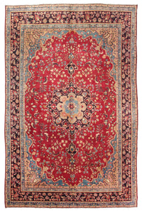Hand knotted antique Sabzevar Persian rug 295x393 cm with large floral medallion on rich red field
