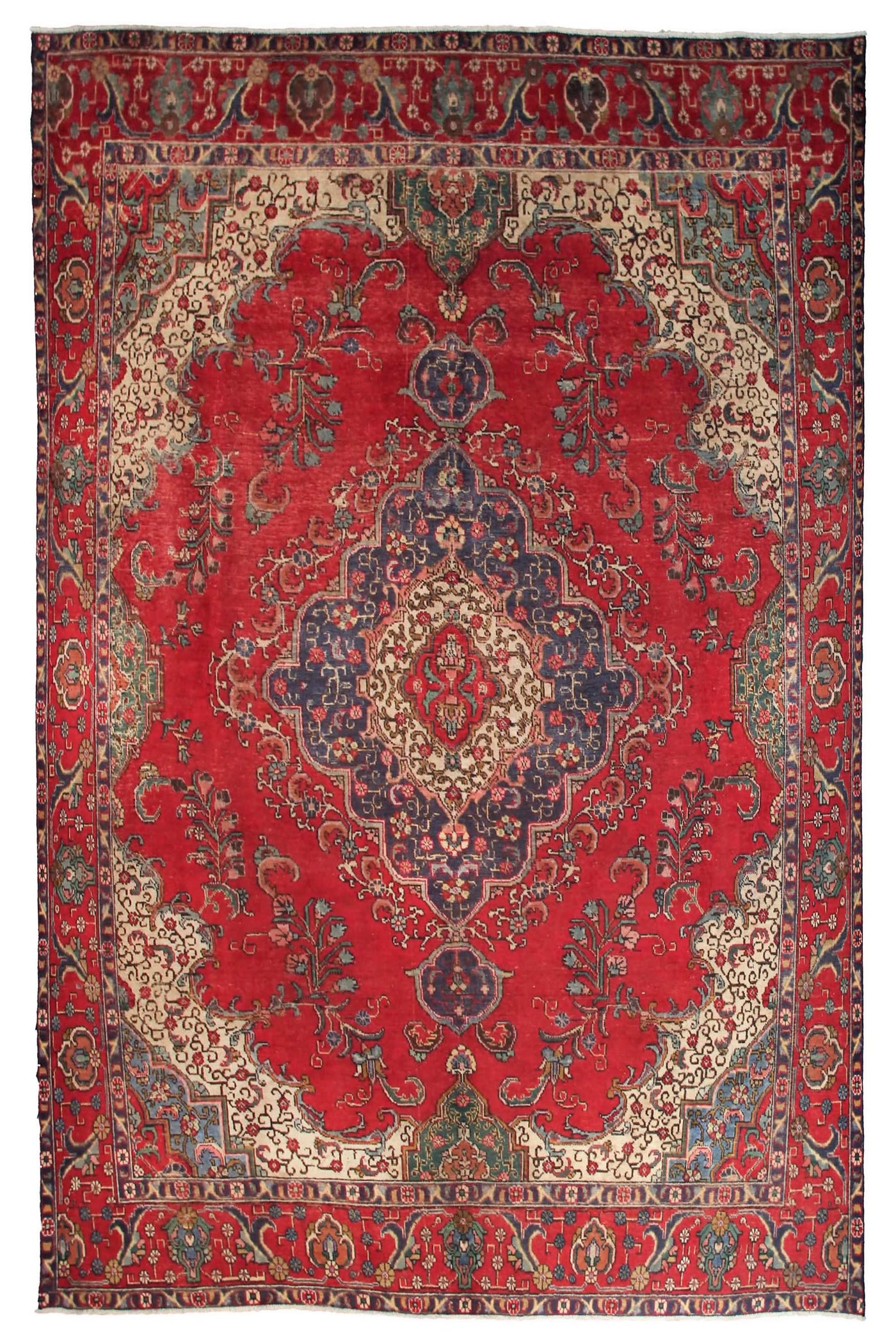 Hand knotted antique Tabriz Persian rug 296x385 cm with ornate central medallion on deep red field
