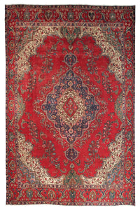 Hand knotted antique Tabriz Persian rug 296x385 cm with ornate central medallion on deep red field
