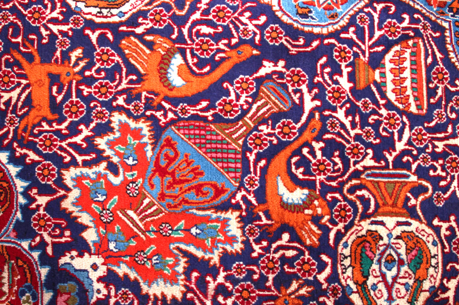 Persian Kashmar rug pattern detail, vintage hand knotted wool