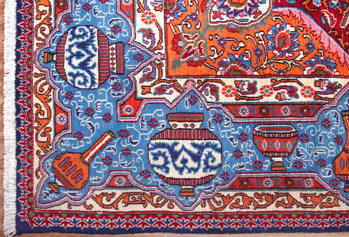 Kashmar Persian rug corner detail, hand knotted wool craftsmanship