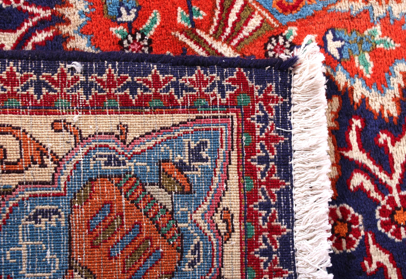 Hand knotted Kashmar Persian rug fringe and edge, vintage wool