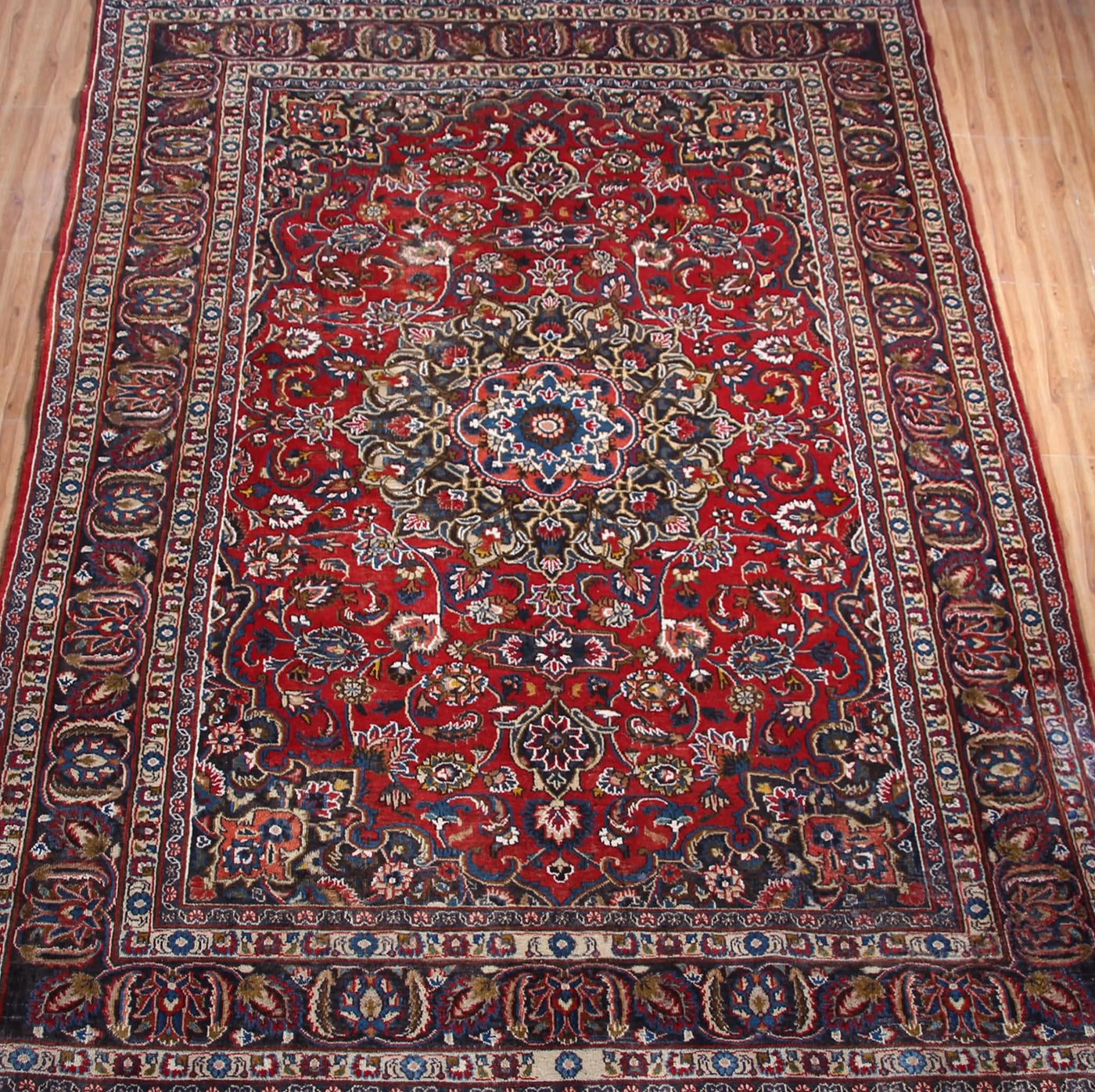Vintage Mashad Persian Rug – Indigo Labyrinth
