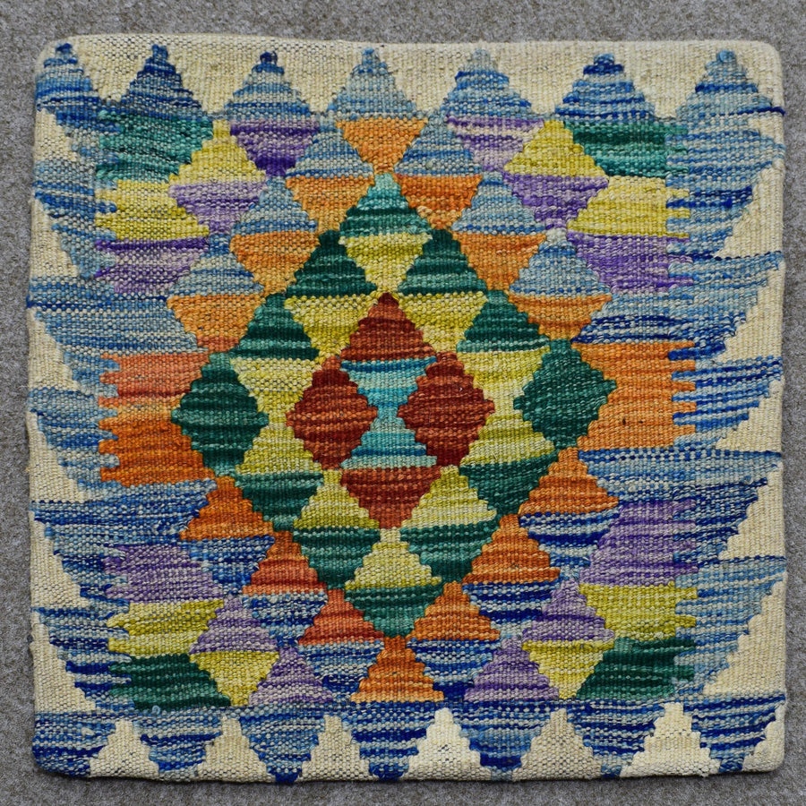 Hand woven cushion cover 45x45 cm with colorful geometric diamond pattern in orange, green, purple and blue
