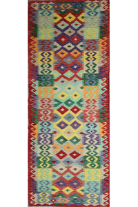 Elegant tribal Chobi kilim runner 83x385 cm with colorful geometric diamond pattern
