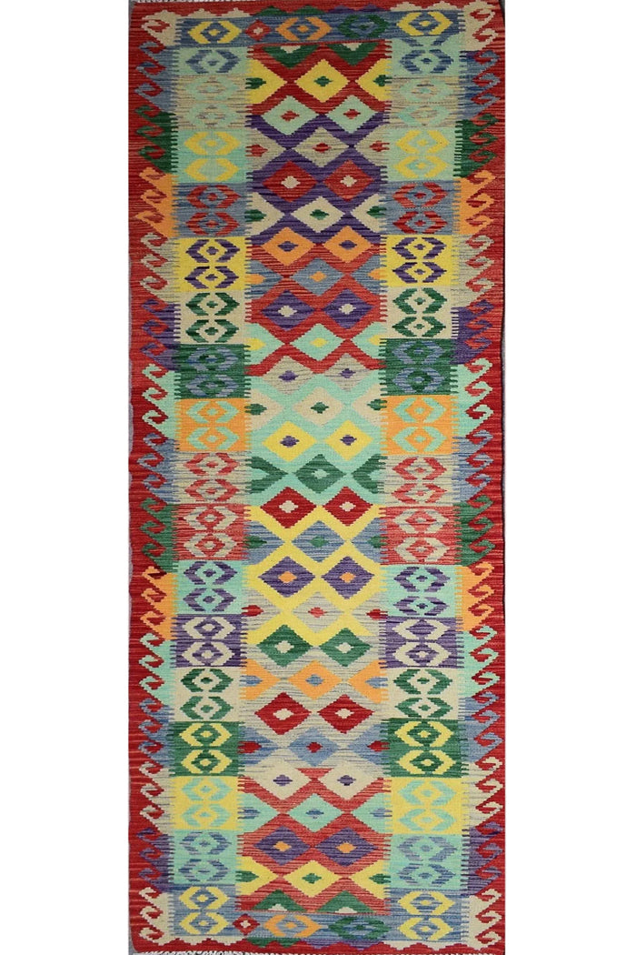 Elegant tribal Chobi kilim runner 83x385 cm with colorful geometric diamond pattern
