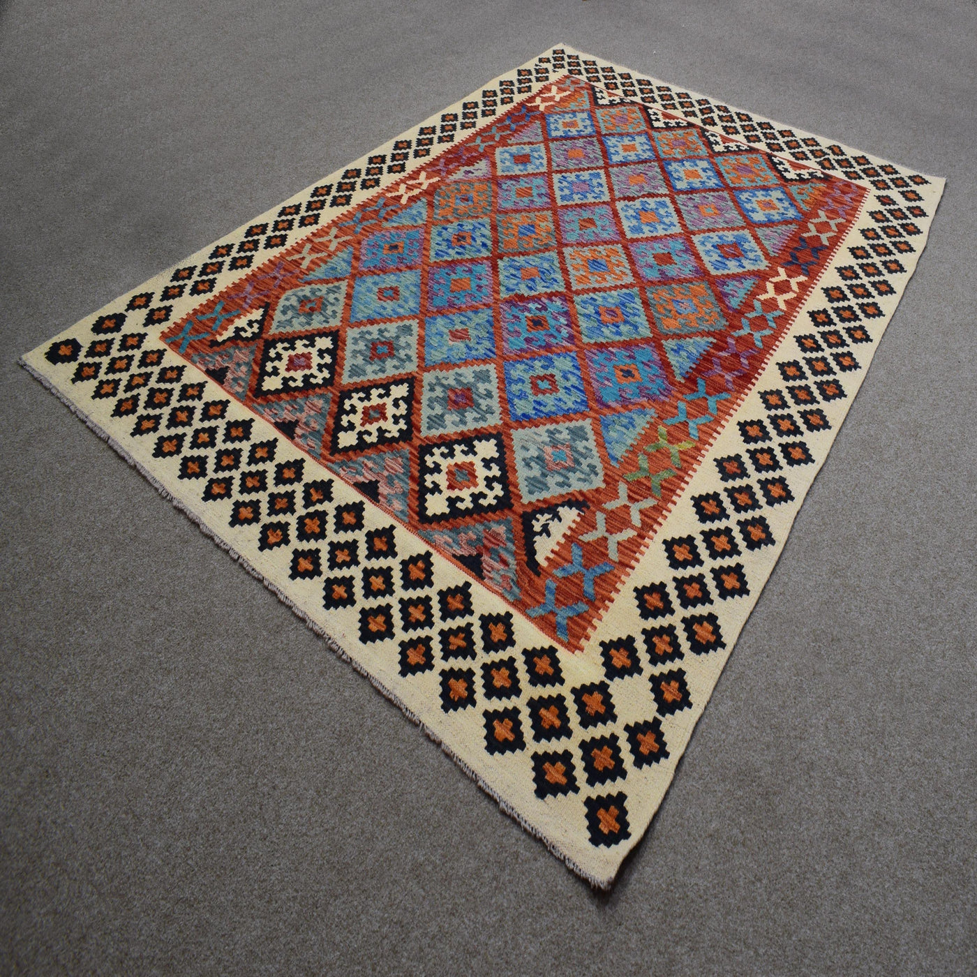 Kilim Afghan Rug – Cobalt Lattice