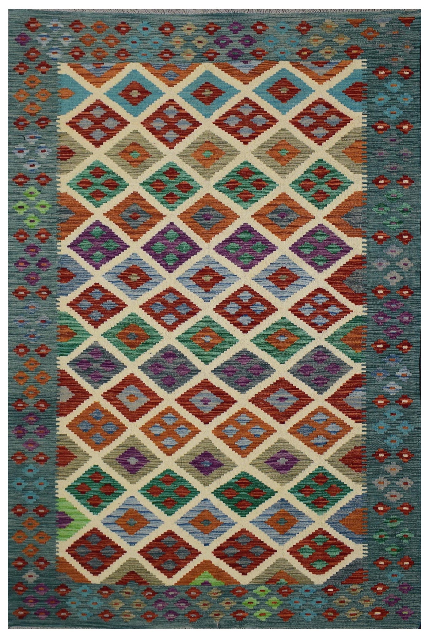 Kilim Afghan Rug – Teal Medallion