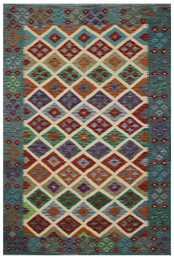 Kilim Afghan Rug – Teal Medallion