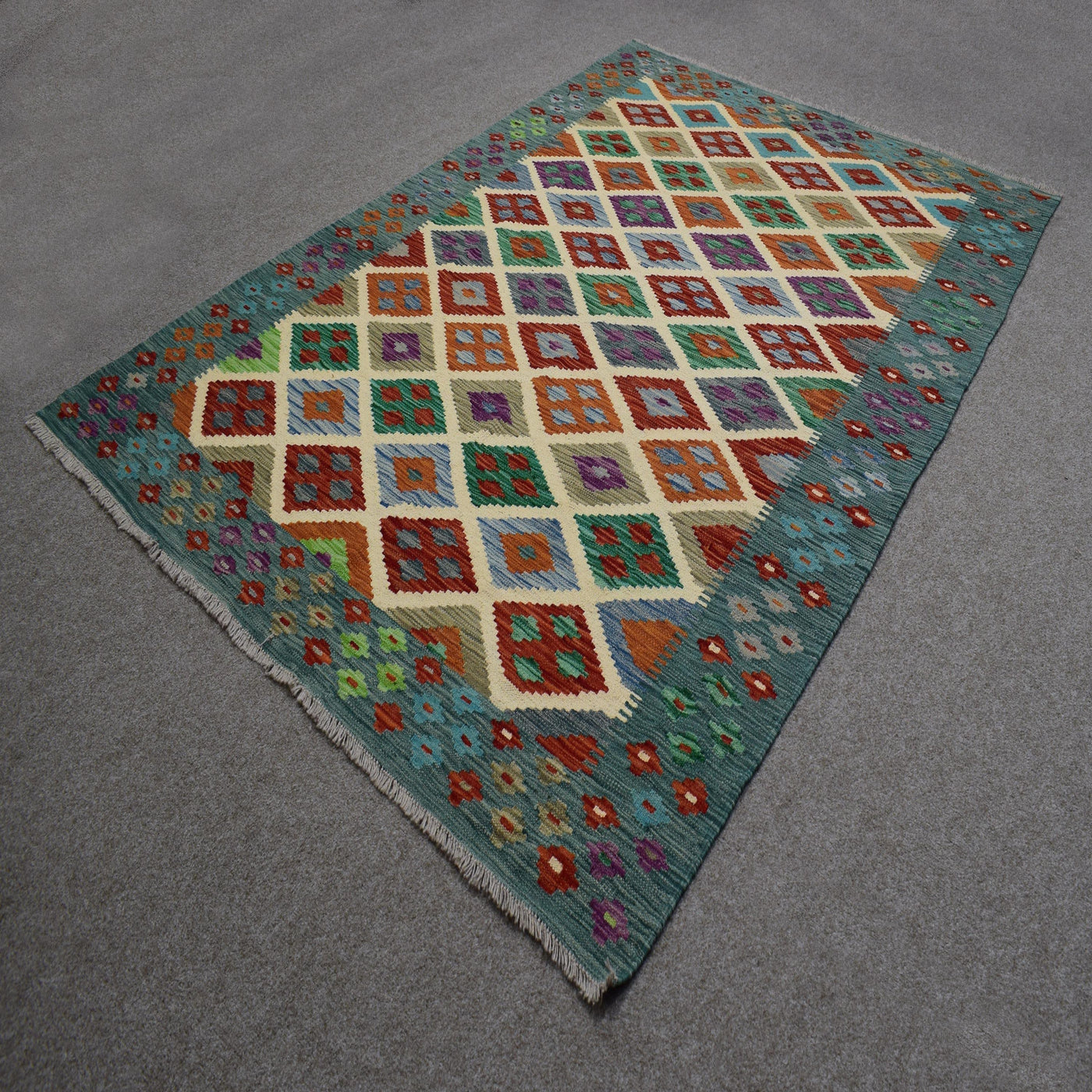 Kilim Afghan Rug – Teal Medallion