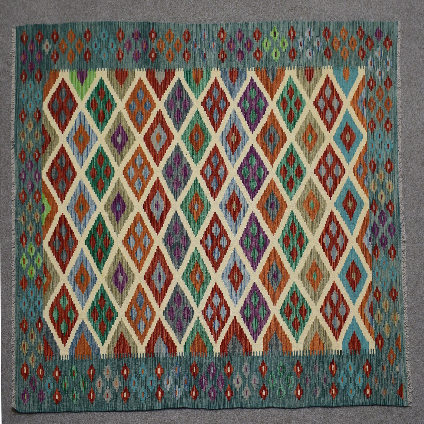 Kilim Afghan Rug – Teal Medallion