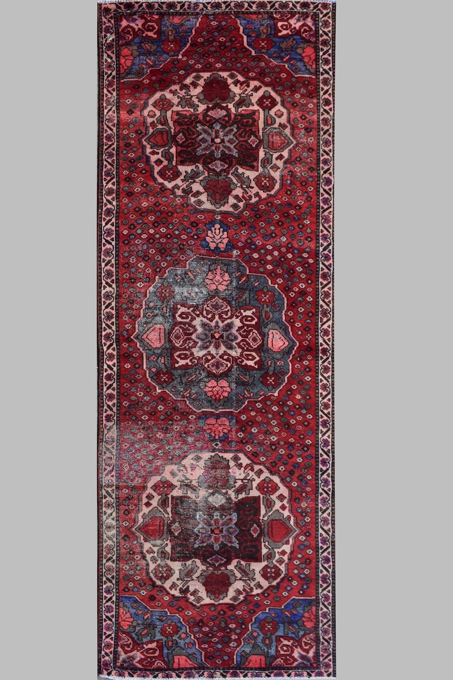 Hand knotted vintage Persian Shiraz runner rug 102 x 300 cm red wool