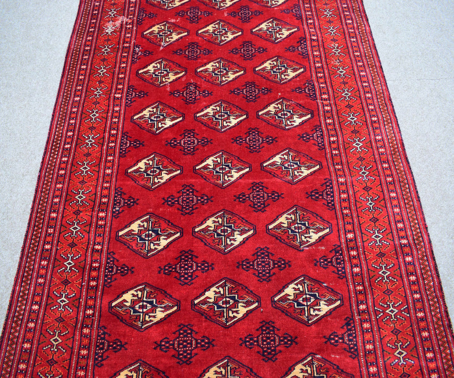 Vintage Shiraz Persian rug runner style layout with geometric tribal design and ivory accents