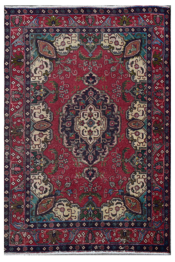 Hand knotted vintage Persian Shiraz rug 129x197 cm full view with red field and central medallion