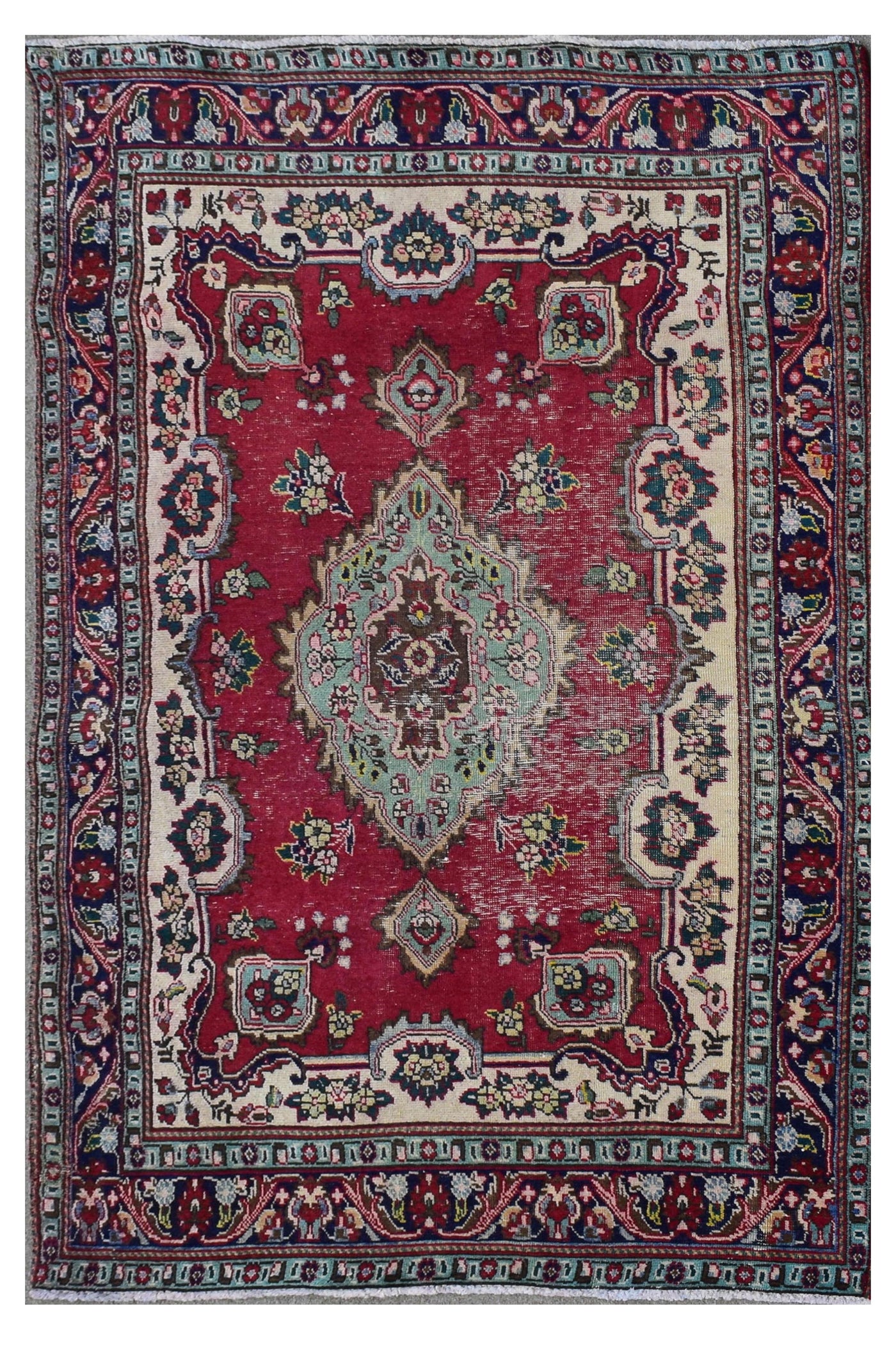 Hand knotted vintage Persian Shiraz rug 137x198 cm full view with red field and mint green central medallion