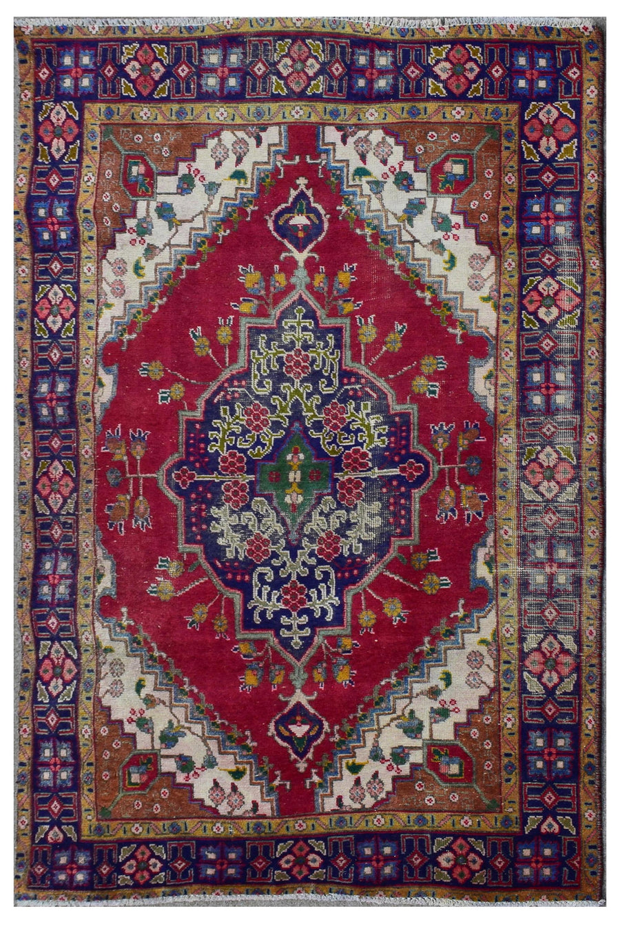 Hand knotted vintage Persian Shiraz rug 133x190 cm full view with red field and navy geometric medallion