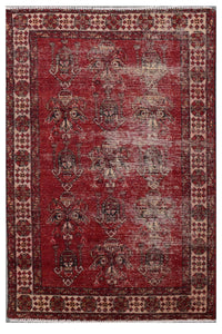 Hand knotted vintage Persian Shiraz rug 118x188 cm full view with distressed red field and faded tribal motifs