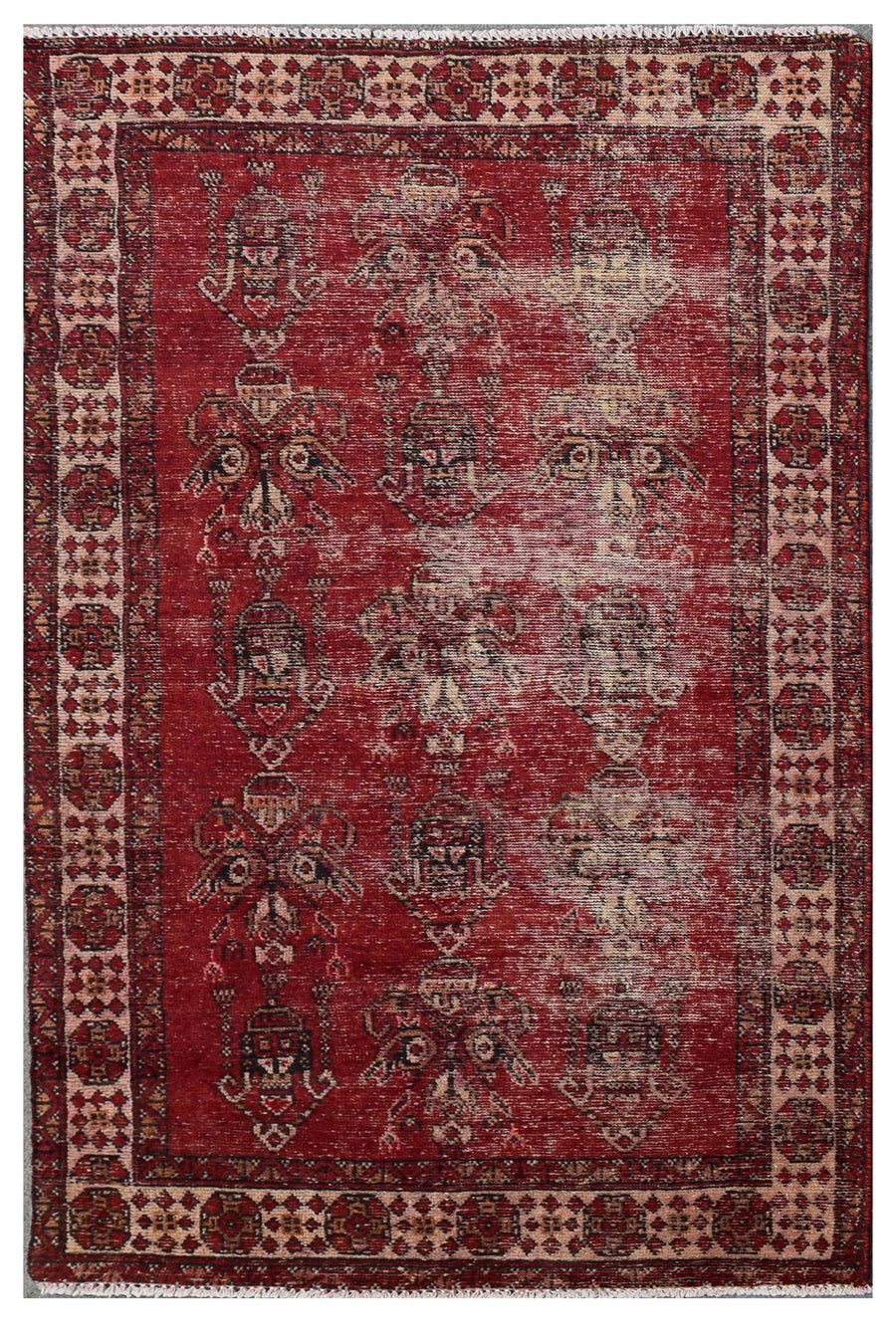 Hand knotted vintage Persian Shiraz rug 118x188 cm full view with distressed red field and faded tribal motifs