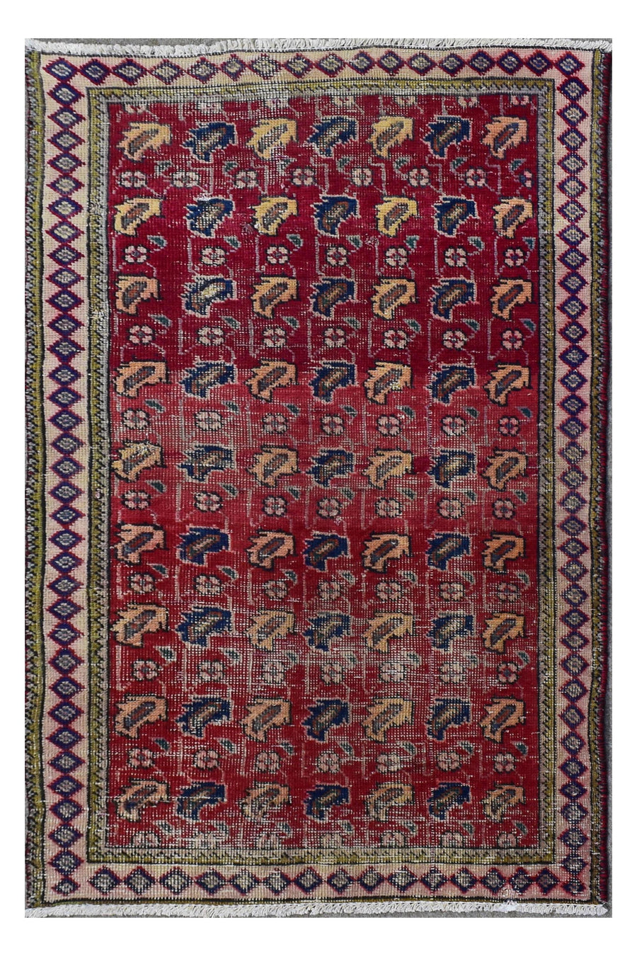 Hand knotted vintage Persian Shiraz rug 90x134 cm with red tribal field and repeating geometric motifs