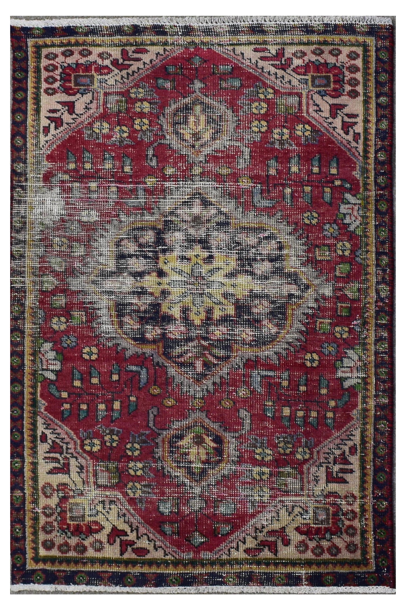 Hand knotted vintage Persian Shiraz rug 90x137 cm with central medallion on rich red field and tribal motifs