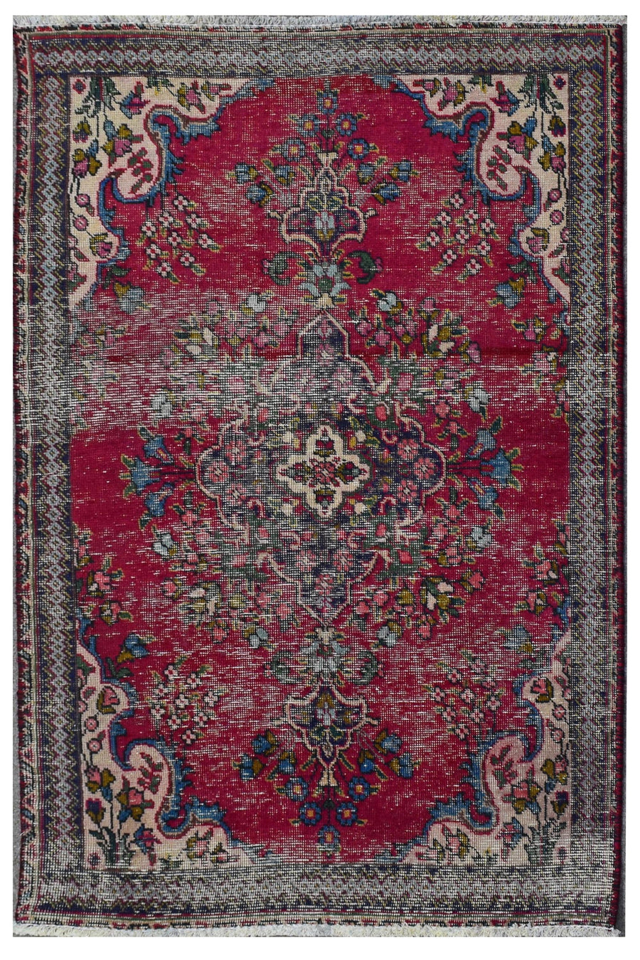 Hand knotted vintage Persian Shiraz rug 96x140 cm with ornate central medallion and floral motifs on a rich red field