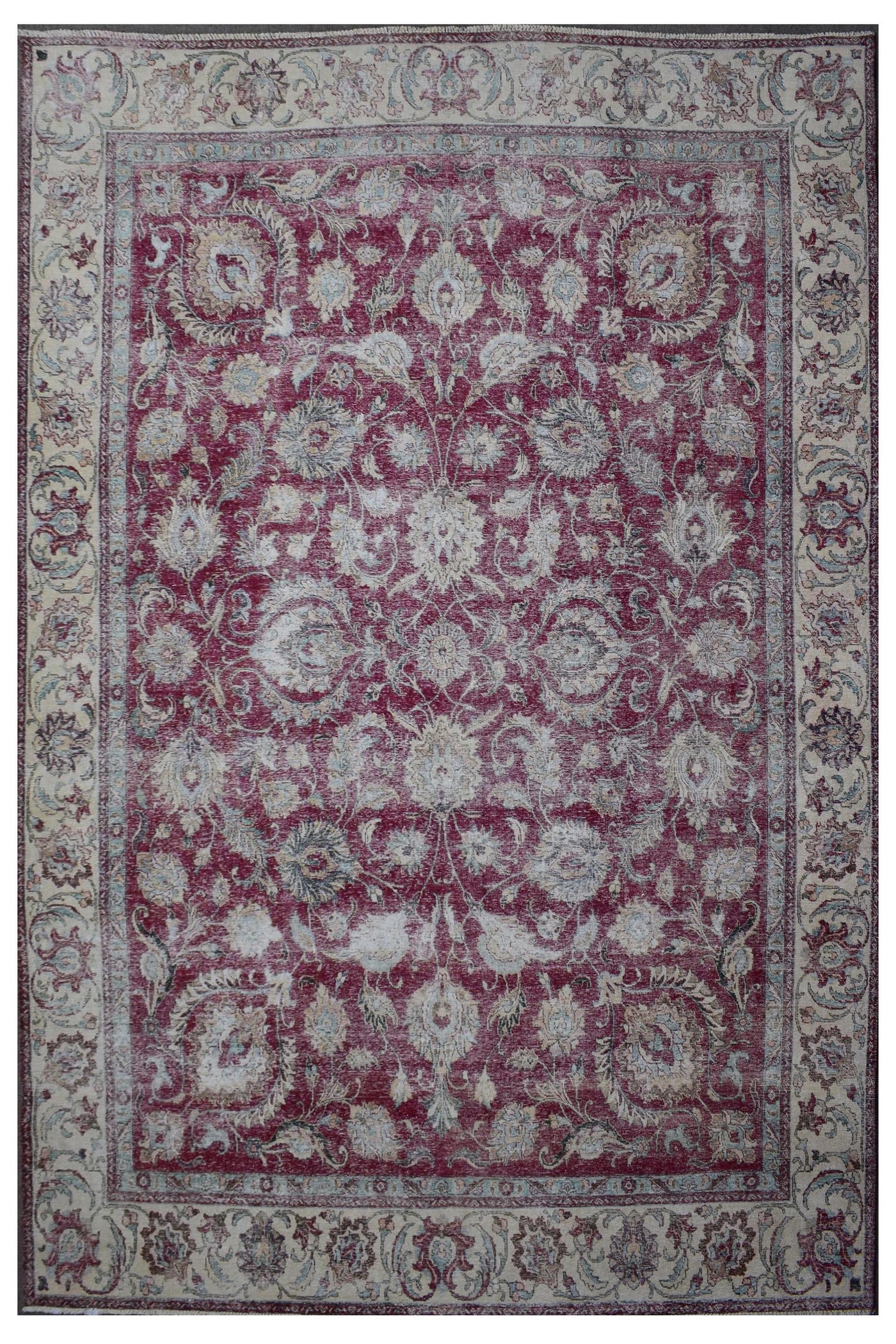 Distressed hand knotted vintage Persian rug 290x377 cm with faded red field and allover floral pattern
