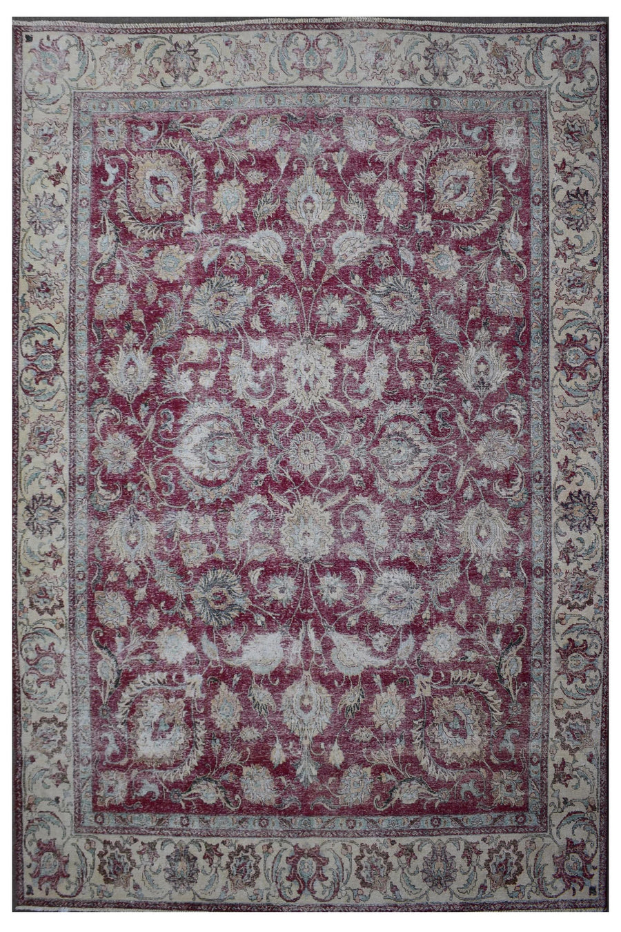 Distressed hand knotted vintage Persian rug 290x377 cm with faded red field and allover floral pattern