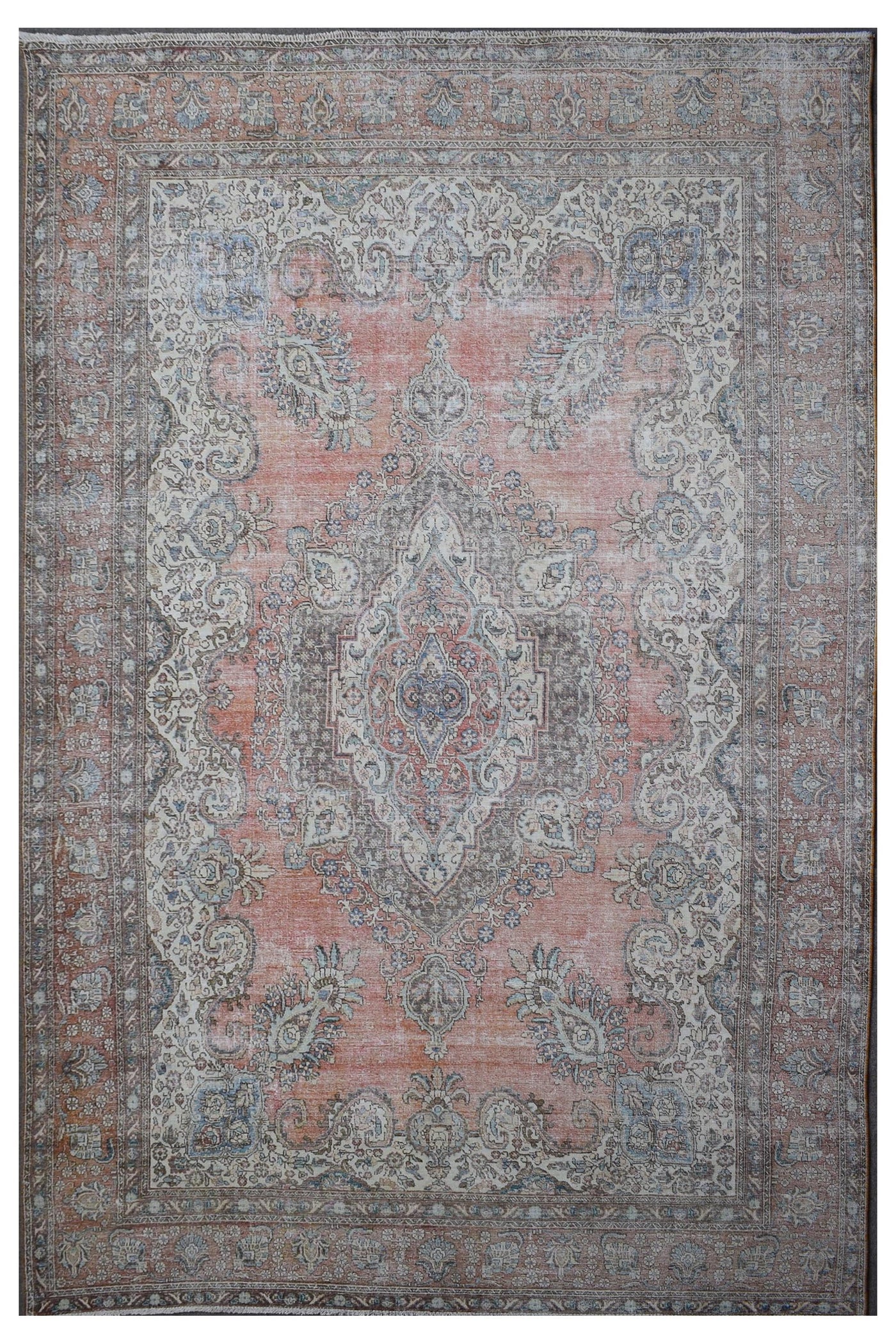 Distressed hand knotted vintage Persian rug 282x395 cm with faded terracotta field and central medallion design