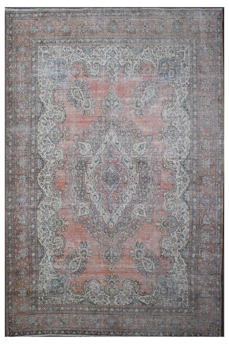 Distressed hand knotted vintage Persian rug 282x395 cm with faded terracotta field and central medallion design