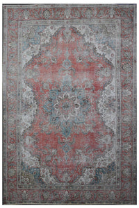 Distressed hand knotted vintage Persian rug 292x385 cm with faded coral field and ornate central medallion