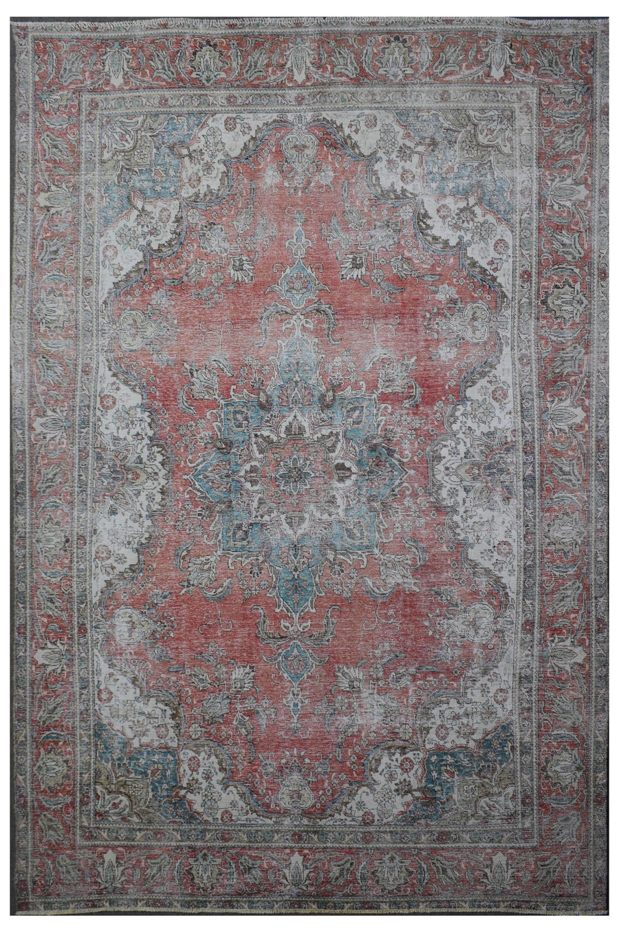 Distressed hand knotted vintage Persian rug 292x385 cm with faded coral field and ornate central medallion
