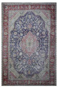 Distressed hand knotted vintage Persian rug 285x383 cm with faded navy field and ornate pink central medallion