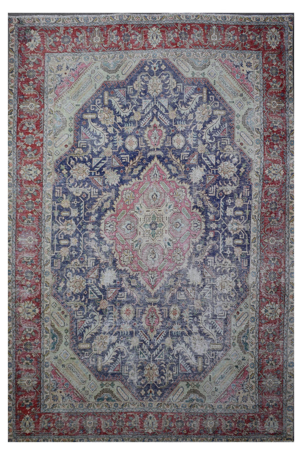 Distressed hand knotted vintage Persian rug 285x383 cm with faded navy field and ornate pink central medallion