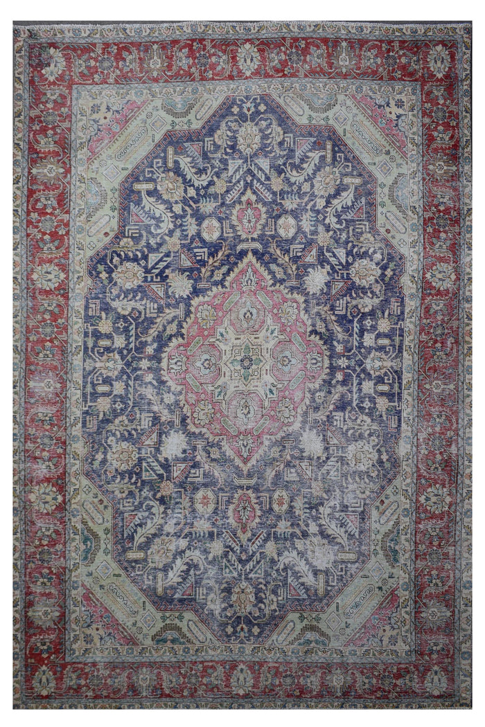 Distressed hand knotted vintage Persian rug 285x383 cm with faded navy field and ornate pink central medallion