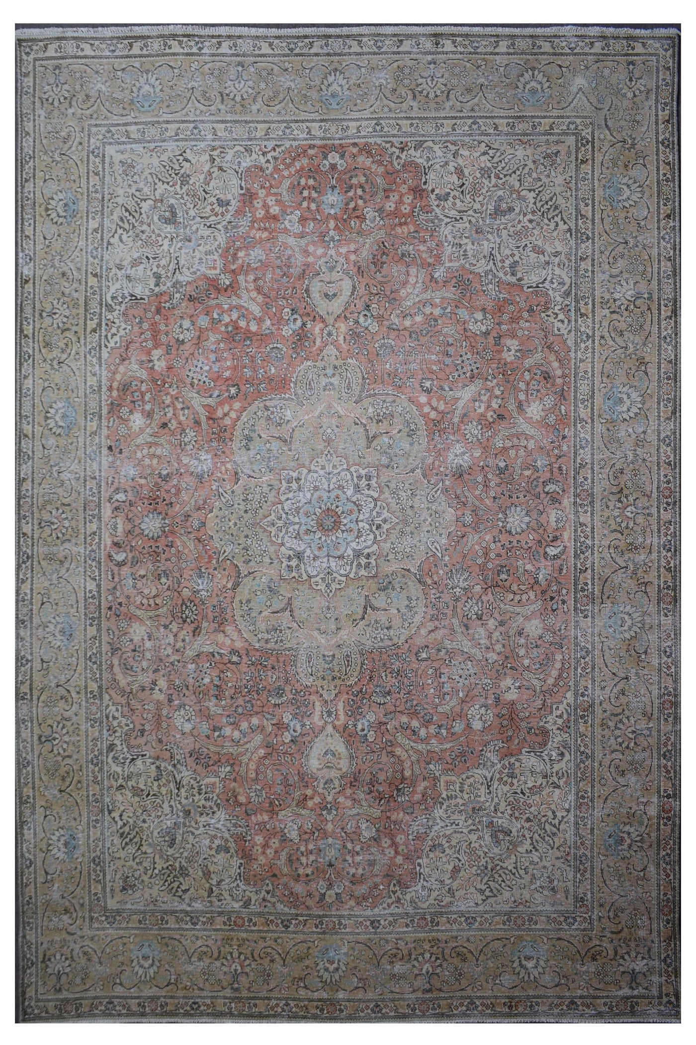 Distressed hand knotted vintage Persian rug 305x383 cm with faded coral field and ornate central medallion