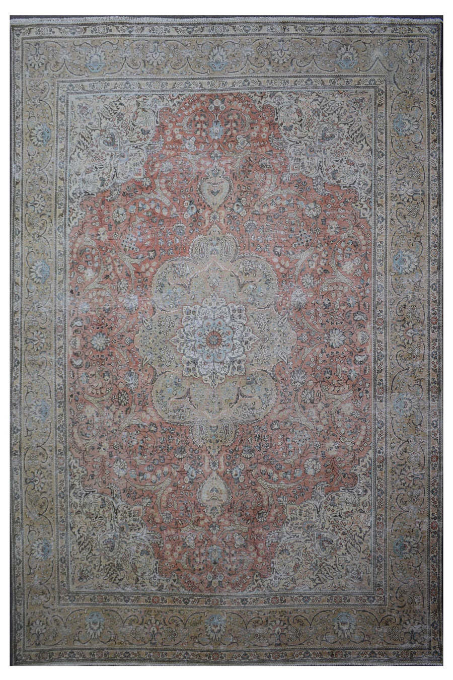 Distressed hand knotted vintage Persian rug 305x383 cm with faded coral field and ornate central medallion