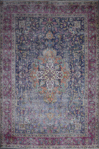 Distressed hand knotted vintage Persian rug 295x366 cm with dark navy field and ornate floral medallion